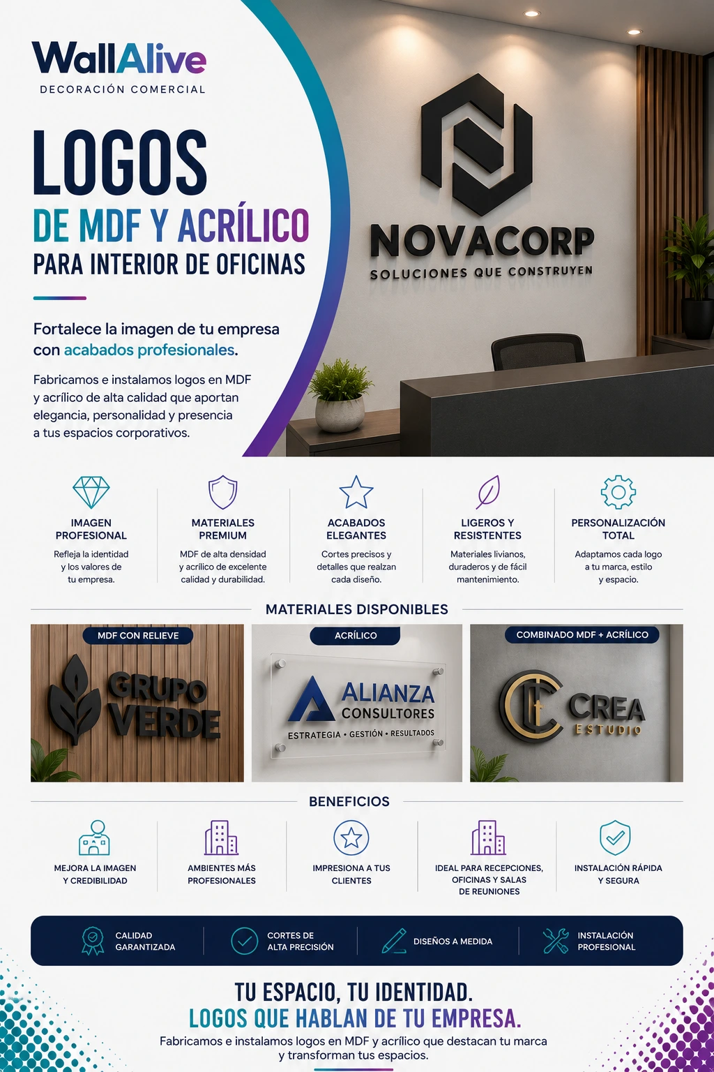 decoracion de oficinas, consultorios, locales con letreros de mdf o acrilico en samborondon